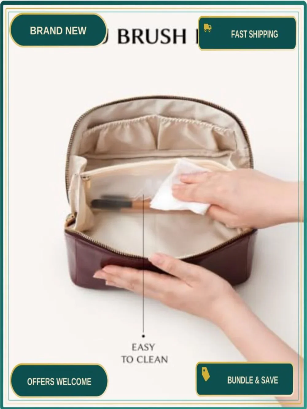 Personalized Initial Makeup Bag with Gift Box and Card - TPU Brush Organizer,
